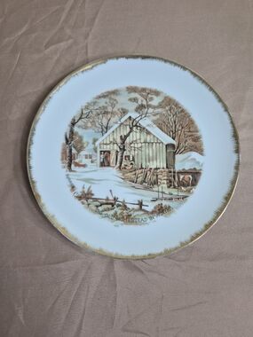 Vintage Currier and Ives "The Old Homestead in Winter" Gold Trim